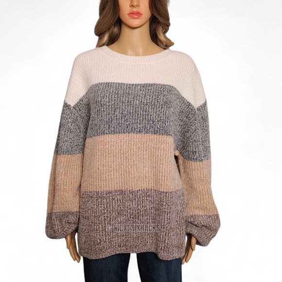 Pink Lily Oversized Colorblock Striped Chunky Knit Balloon Sleeve Sweater Size M - Picture 2 of 8